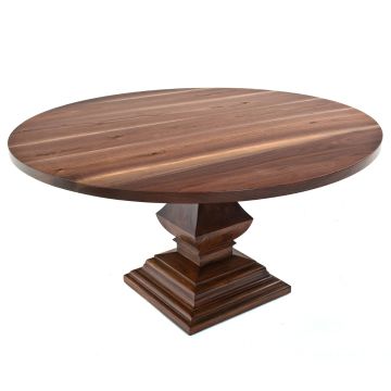 Refined Tuscan Round Dining Table - Flat Edge Black Walnut Tabletop - Natural Clear Tabletop Finish - Natural Mahogany Table Base